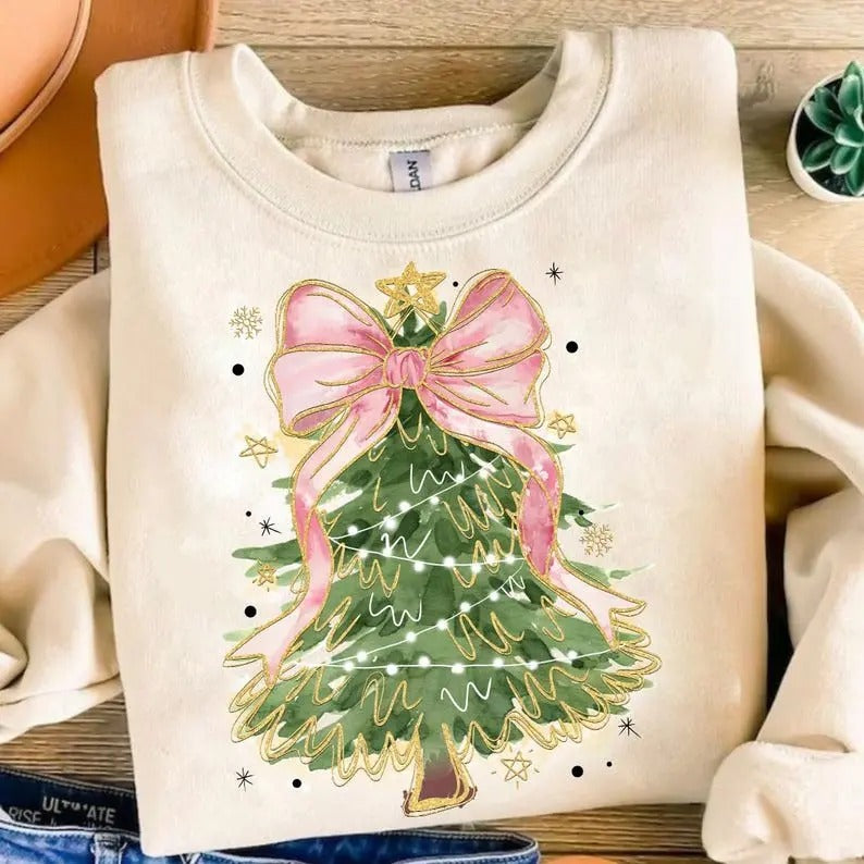 Coquette Glitter Christmas Tree Cotton T-shirt/Sweatshirt for Women - Unisex Style