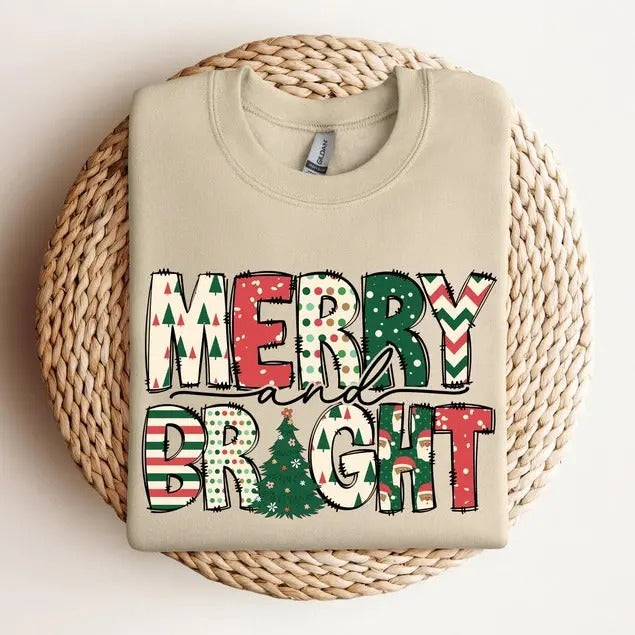 Merry and Bright Family Christmas Cotton T-shirt/Sweatshirt for Women - Unisex Style