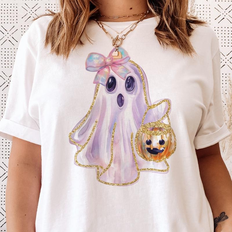 Sweet Ghost Tee Girly Halloween Ghost Tshirt Girly Pastel and Gold Ghost T-Shirt Coquette Ghost Tee Womens Halloween...