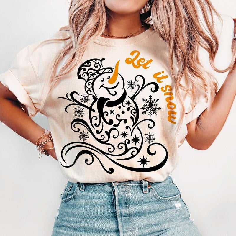 Swirly Snowman TShirt, Snowman Sweatshirt, Snowman Let it snow, Snowman Unisex Women's Top in 100% Cotton