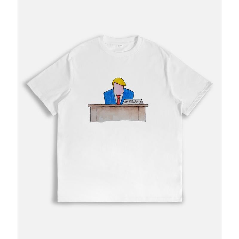 T - Shirt Featuring Figure at Desk with "MR. TARIFF" Sign Hoodie, Sweatshirt | HypeDripTees.com