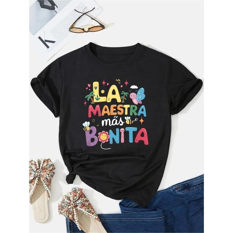 T - Shirt for Teachers: Colorful, Playful Typography with Adorable Graphics Saying 'LA MAESTRA más BONITA' Hoodie,...