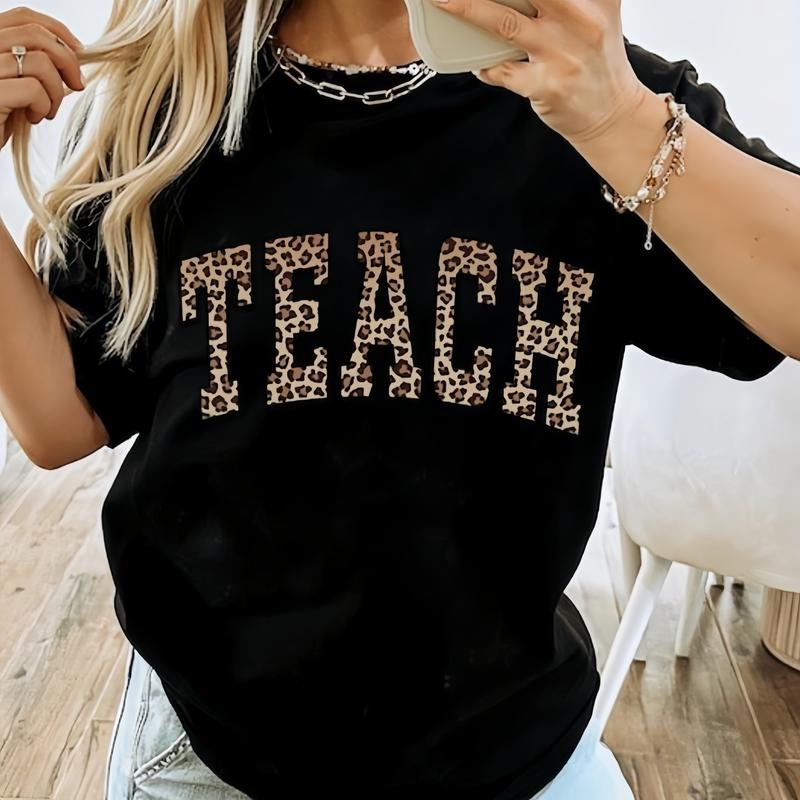 T - Shirt with "TEACH" in Leopard Print Pattern Hoodie, Sweatshirt | HypeDripTees.com