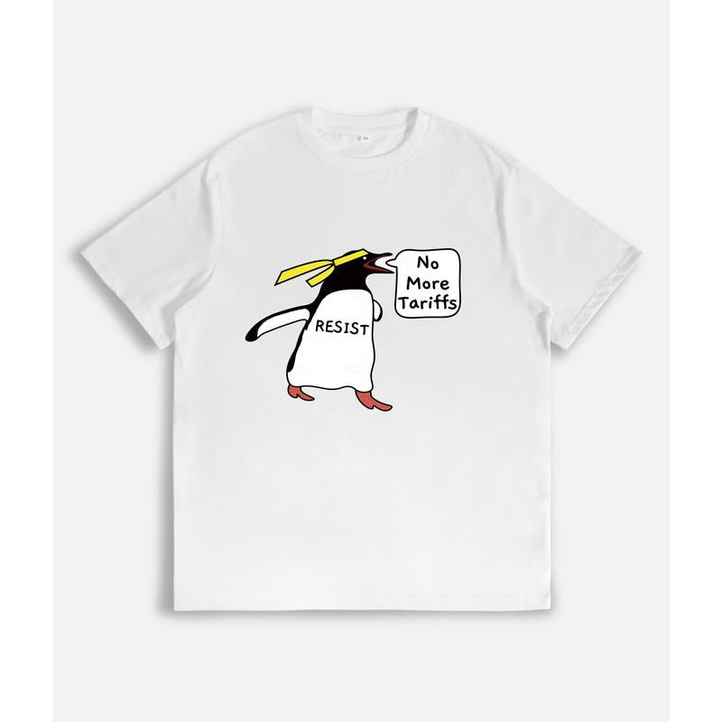 T - Shirt with Cartoon Penguin Saying "No More Tariffs" and "RESIST" Message style 02 Hoodie, Sweatshirt | HypeDripTees.com