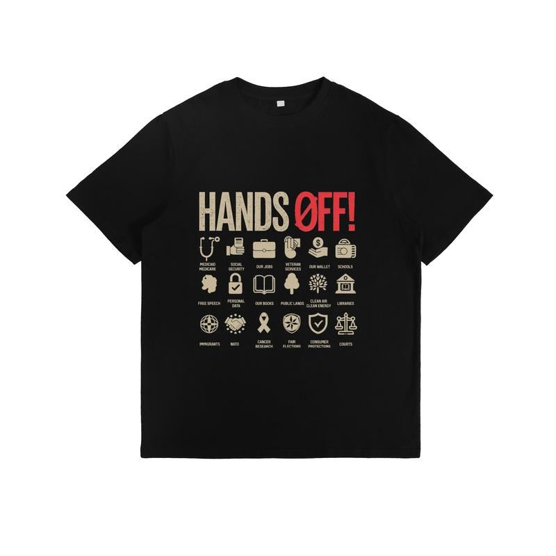 T-Shirt with "HANDS OFF!" Slogan and Icon Set Representing Protected Entities Print style 02 Hoodie, Sweatshirt