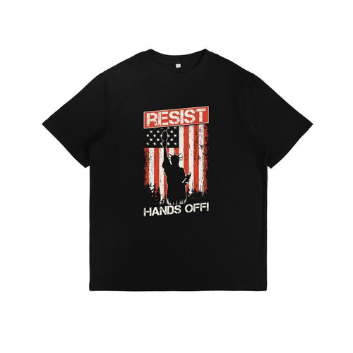 T-Shirt with "RESIST" and "HANDS OFF!" Slogans and Statue of Liberty