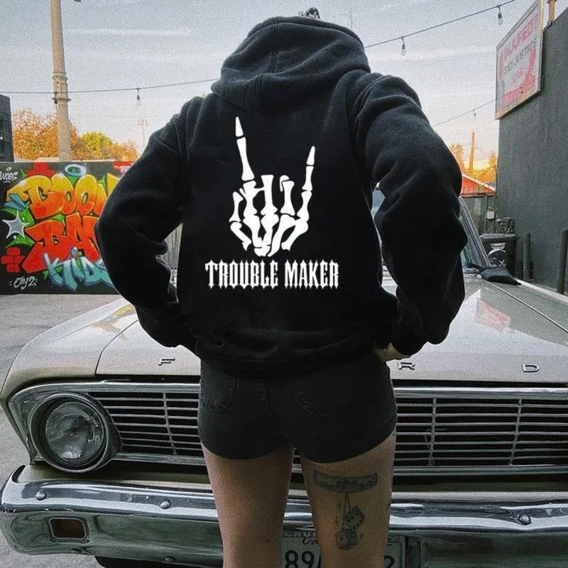 TROUBLE MAKER Bone Hand Print Women's  tshirt ,hoodie, sweatshirt, style, streetwear, Nun top, vintage y2k graphic tees,...