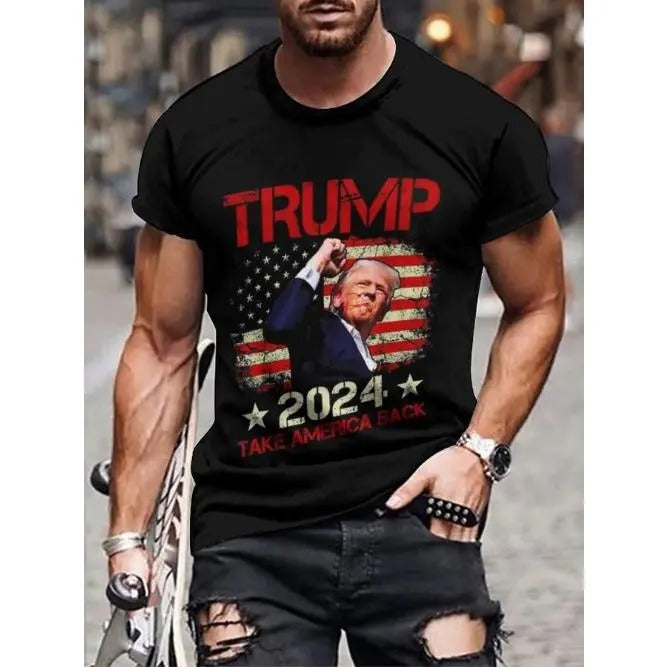 TRUMP And American Flag Pattern And TRUMP TAKE AMERICA BACK Letter Print Crew Neck And Short Sleeve T-shirt, Summer Top...