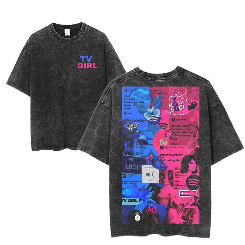 TV Girl Lyric Collage T-Shirt, Vaporwave Aesthetic Indie Band Tee, Retro Washed Tour Shirt, Music Fan Graphic Top, Unisex...