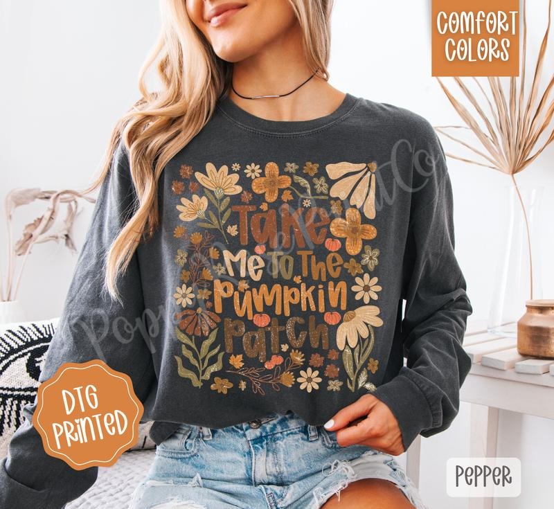 Take Me To The Pumpkin Patch Comfort Colors Long Sleeve T-Shirt, Cute Women's Fall Tee Hoodie, Sweatshirt | HypeDripTees.com