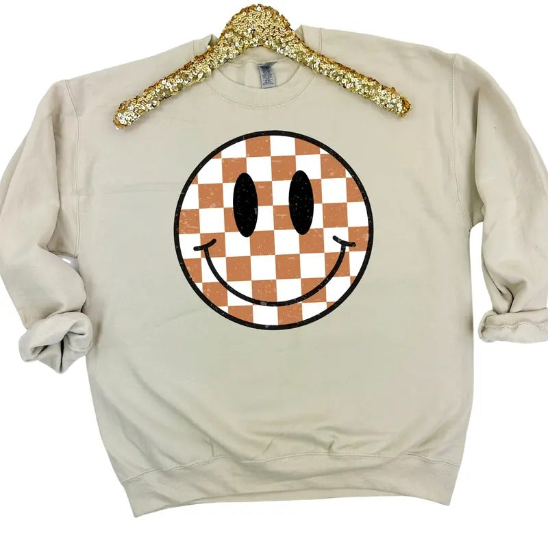 Tan Checkered Happy Face Sweatshirt 'NLB' T-Shirts, Hoodie | HypeDripTees.com