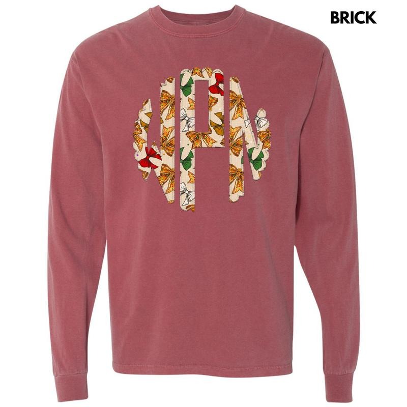 Tan Gingerbread Bow Monogram Long Sleeve Comfort Colors T-Shirt 'NLB' Hoodie, Sweatshirt | HypeDripTees.com