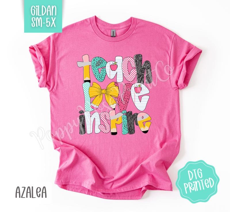 Teach Love Inspire Gildan Shirt, Cute Teacher Tshirt, Trendy Bow Tee, Gift for Her Hoodie, Sweatshirt | HypeDripTees.com