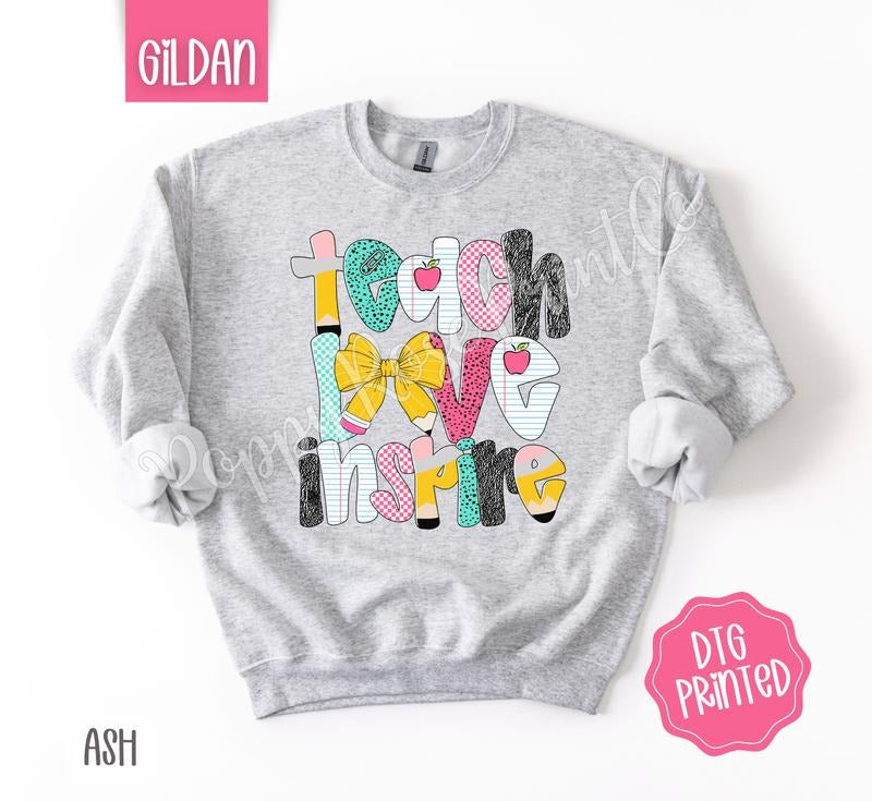 Teach Love Inspire Sweatshirt, Cute Teacher Sweater, Trendy Bow Crewneck, Gift for Her T-Shirts, Hoodie | HypeDripTees.com