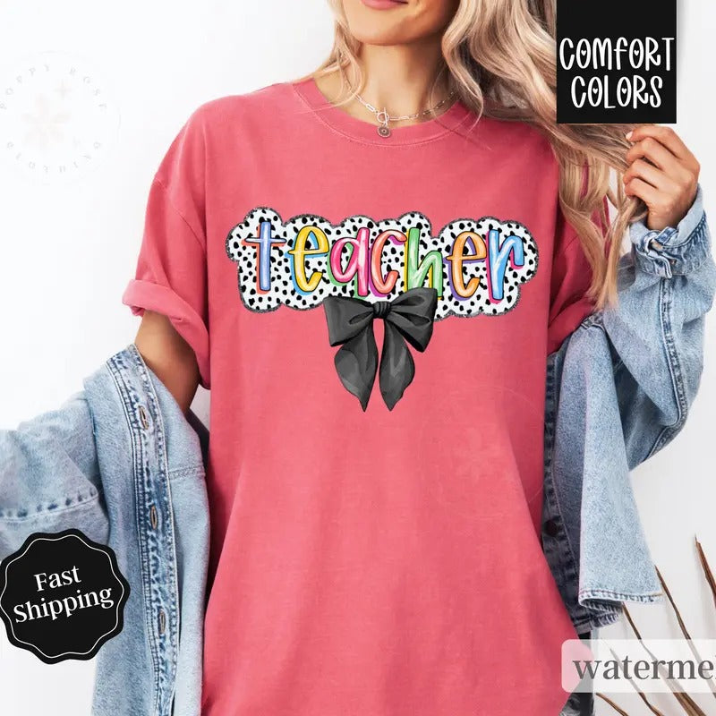 Teacher Bow Shirt Comfort Colors Coquette Teacher Teacher Appreciation Back School Womenswear T-Shirts, Hoodie, Sweatshirt