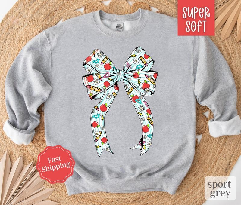 Teacher Bow Sweatshirt, Teach Crewneck, Gift for Teacher, Womens Sweatshirt T-Shirts, Hoodie | HypeDripTees.com