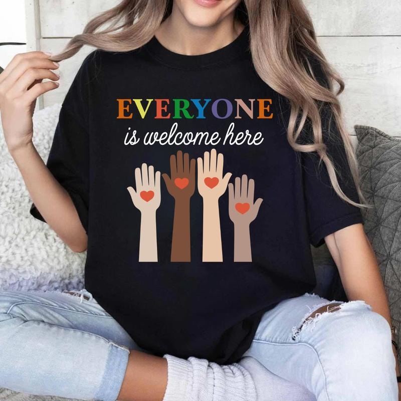 Teacher Everyone Is Welcome Here T-Shirt, Sweatshirt, Hoodie, Inclusive Education Teacher Shirt, Diversity Support Fist...