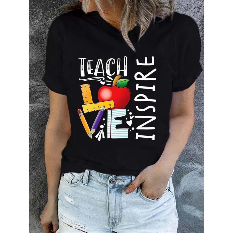 Teacher Letter Print Short Sleeve T-shirts, Crew Neck Casual Top for Summer & Spring, Women's Clothing Hoodie, Sweatshirt