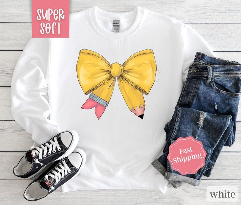 Teacher Pencil Bow Sweatshirt, Teach Crewneck, Gift for Teacher, Womens Sweatshirt T-Shirts, Hoodie | HypeDripTees.com