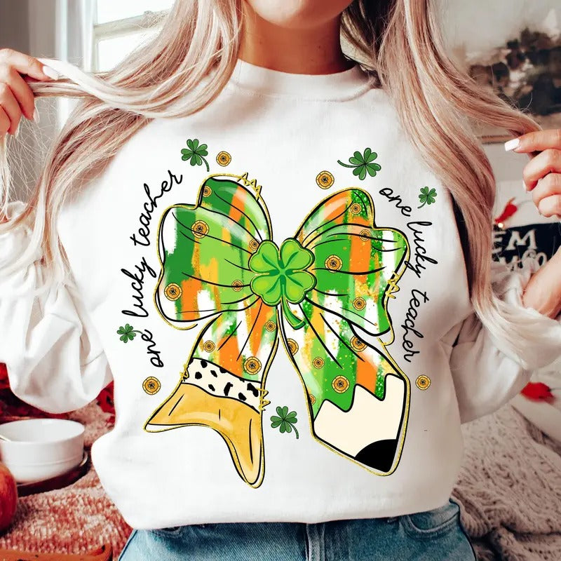 Teacher St Patrick Coquette Bow Pencil Sweatshirt, Lucky Teacher, Glitter St Pattys Day Sweatshirt, Brushstroke Shamrock,...