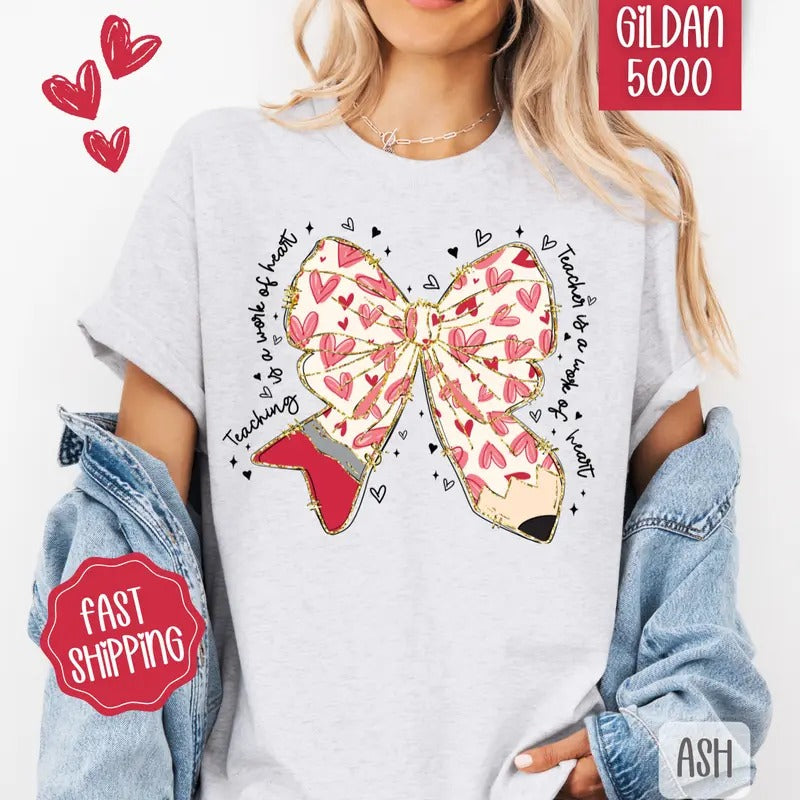 Teacher Valentine Bow Shirt Gildan, Teach Valentine's Day Women's Tee, Cute Women's Tshirt Plus Sizes Hoodie, Sweatshirt