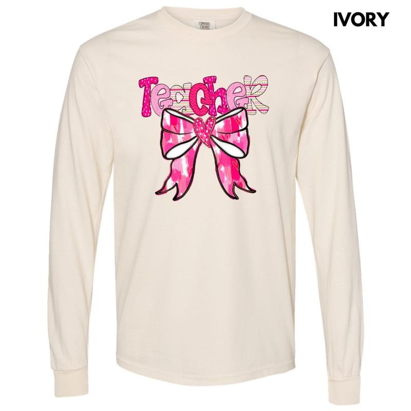 Teacher Valentine Coquette Long Sleeve Comfort Colors T-Shirt Hoodie, Sweatshirt | HypeDripTees.com