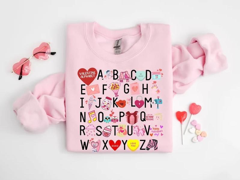 Teacher Valentine Sweatshirt,Valentine's Day Alphabet Shirt,Teacher Valentine's Day,Alphabet Kindergarten T-Shirt,Teacher...