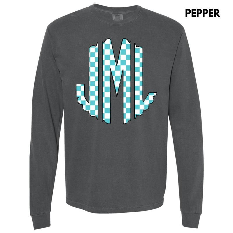 Teal Checker Monogram Long Sleeve Comfort Colors T-Shirt 'NLB' Hoodie, Sweatshirt | HypeDripTees.com