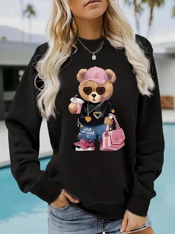 Teddy Bear Print Sweatshirt for Women, Casual Loose-Fitting Long Sleeve Pullover, Comfortable Knitted Sportswear for Fall...