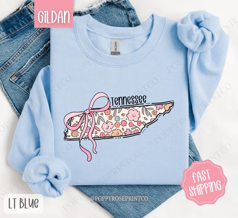 Tennessee Floral Bow Gildan Sweatshirt, Cute Trendy State Coquette Pullover T-Shirts, Hoodie | HypeDripTees.com