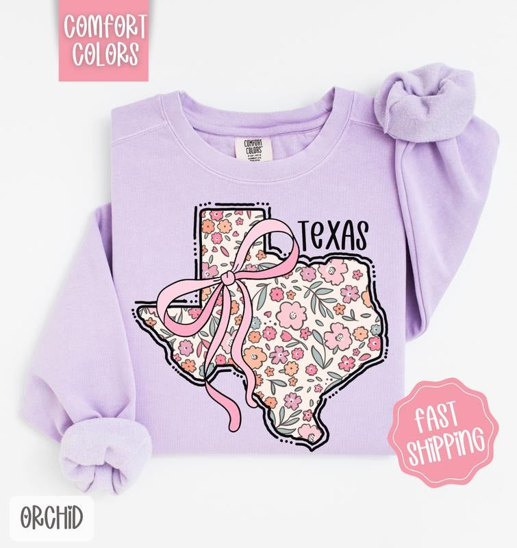 Texas Floral Bow Comfort Colors Sweatshirt, Cute Trendy State Coquette Pullover T-Shirts, Hoodie | HypeDripTees.com
