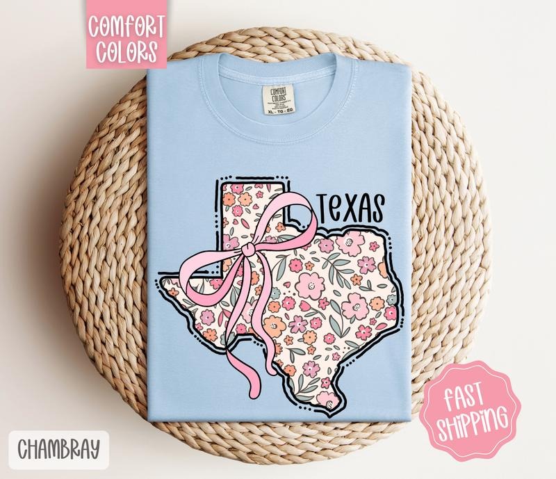 Texas Floral Bow Comfort Colors T-shirt, Cute Trendy Tee, State Coquette Oversized Top Hoodie, Sweatshirt | HypeDripTees.com