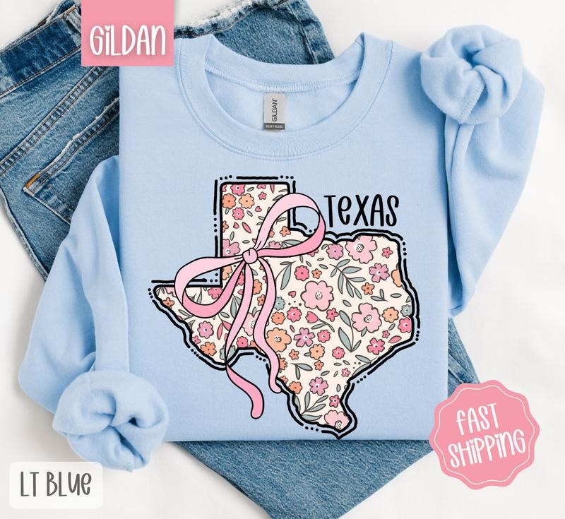 Texas Floral Bow Gildan Sweatshirt, Cute Trendy State Coquette Pullover T-Shirts, Hoodie | HypeDripTees.com