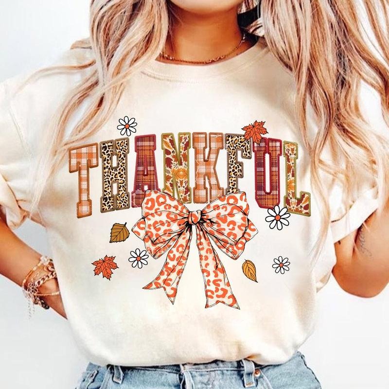 Thankful Coquette Shirt, Fall T-Shirt, Cozy Autumn Season Sweatshirt, Thanksgiving Bow Leopard Design Clothing, Unisex Hoodie