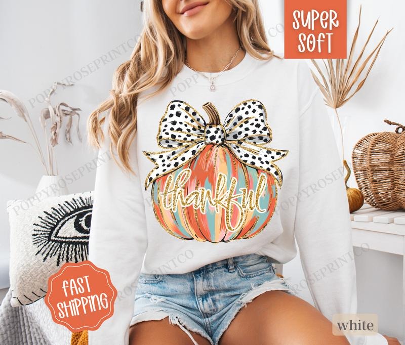 Thankful Pumpkin Sweatshirt, Thanksgiving Sweater, Women's Fall Crewneck T-Shirts, Hoodie | HypeDripTees.com