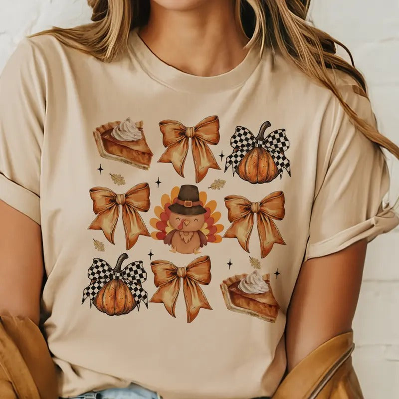 Thanksgiving Collage Tee Fall Pumpkin Thanksgiving Sweatshirt Girly Coquette Fall Collage Tshirt Pumpkin Pie and Pumpkin...