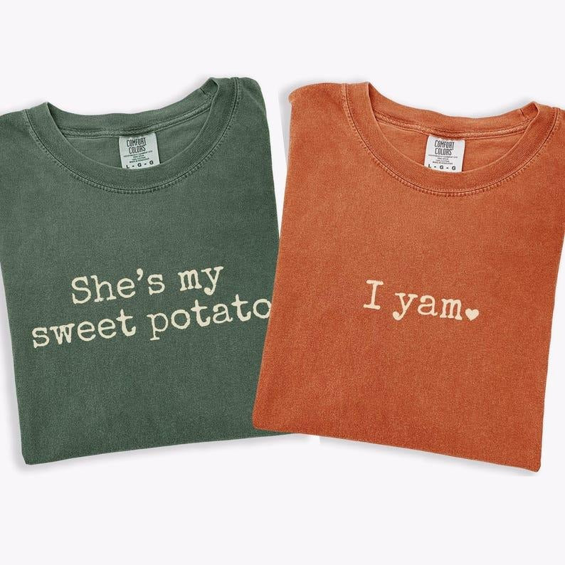 Thanksgiving Couples Comfort Colors Shirt: She's My Sweet Potato I Yam Matching Husband Wife Shirt Hoodie, Sweatshirt