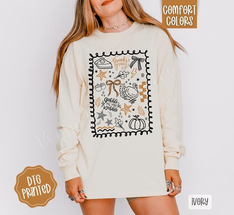 Thanksgiving Doodle Comfort Colors Long Sleeve T-Shirt, Cute Women's Fall Tee Hoodie, Sweatshirt | HypeDripTees.com