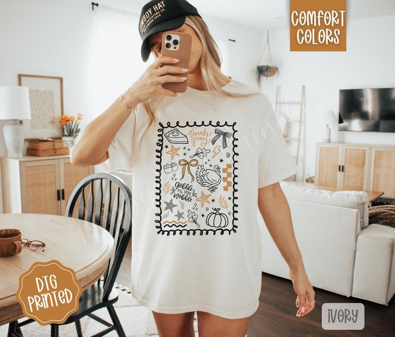 Thanksgiving Doodle Shirt Comfort Colors, Trendy Women's Fall Tshirt Hoodie, Sweatshirt | HypeDripTees.com