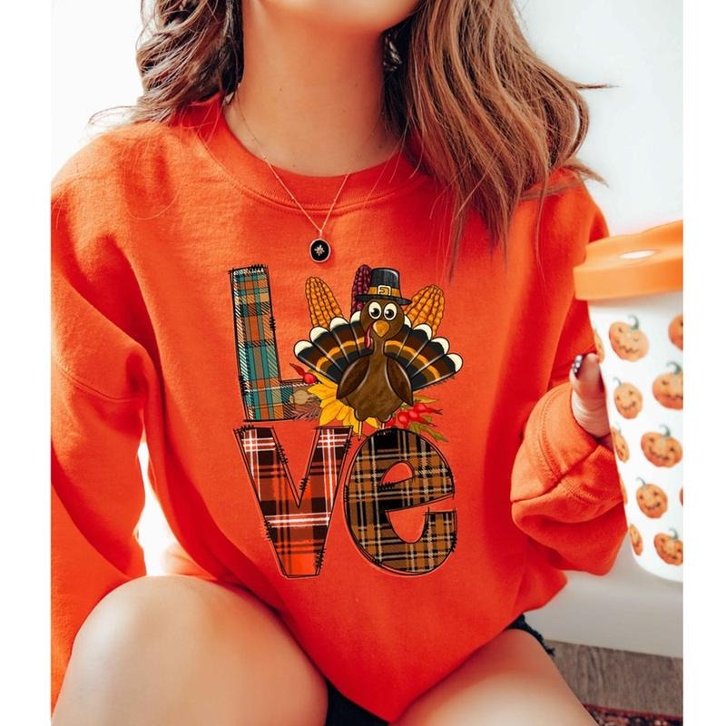 Thanksgiving Turkey Love Sweatshirt , Cute Fall Crewneck for Women , Cozy Autumn Pullover , Plaid Graphic Top , Family...