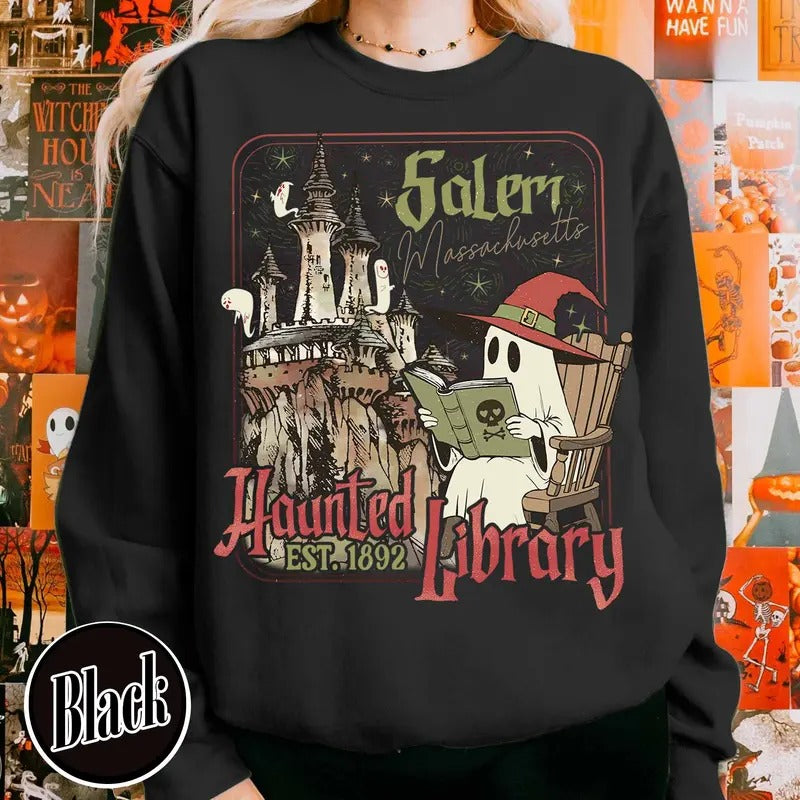 The Haunted Library Sweatshirt, Salem Book Club Shirt, Bookish Halloween Shirt, Spooky Reader Shirt, Book Lover Gift,...