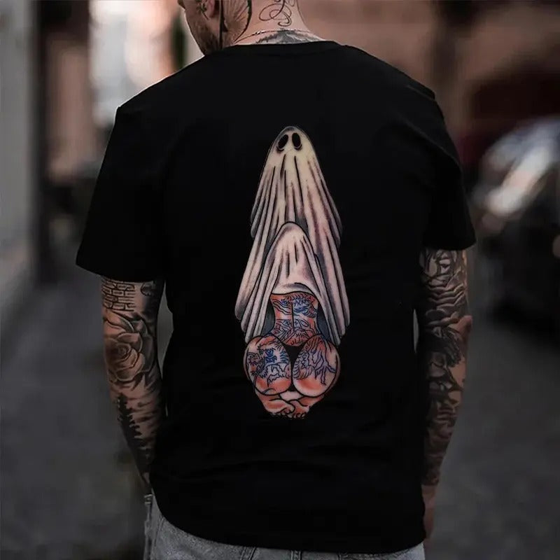 The Tattooed Sexy Lady and Ghost Back Side Printed T-shirt Sweatshirt Hoodie, Funny Ghost Halloween Shirt, Graphic Shirt...