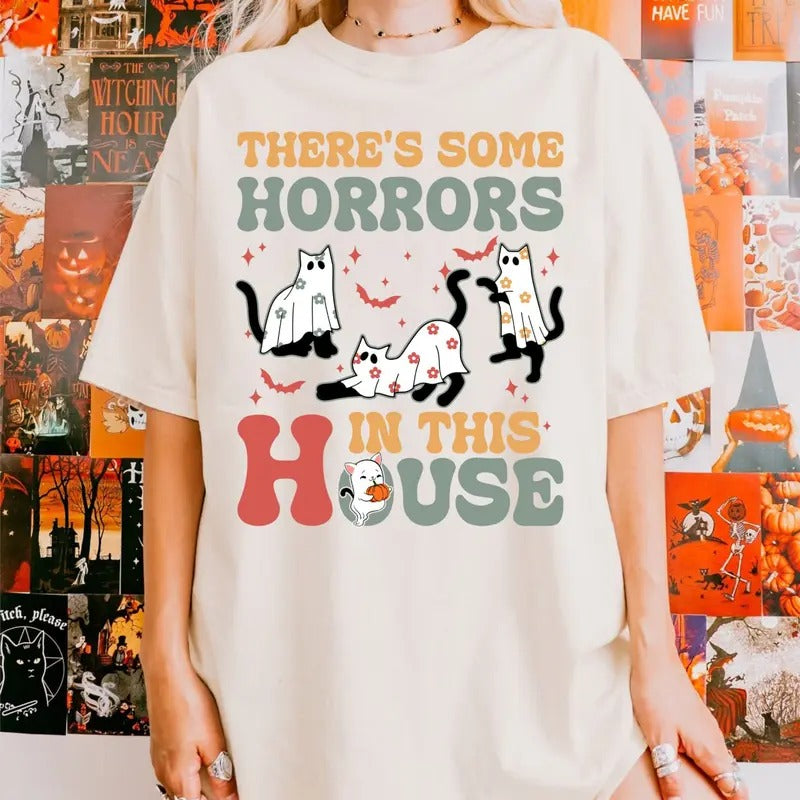 There's Some Horrors In This House Shirt Ghost Cats, Ghost Cats Shirt, Funny Halloween Tee Hoodie, Sweatshirt