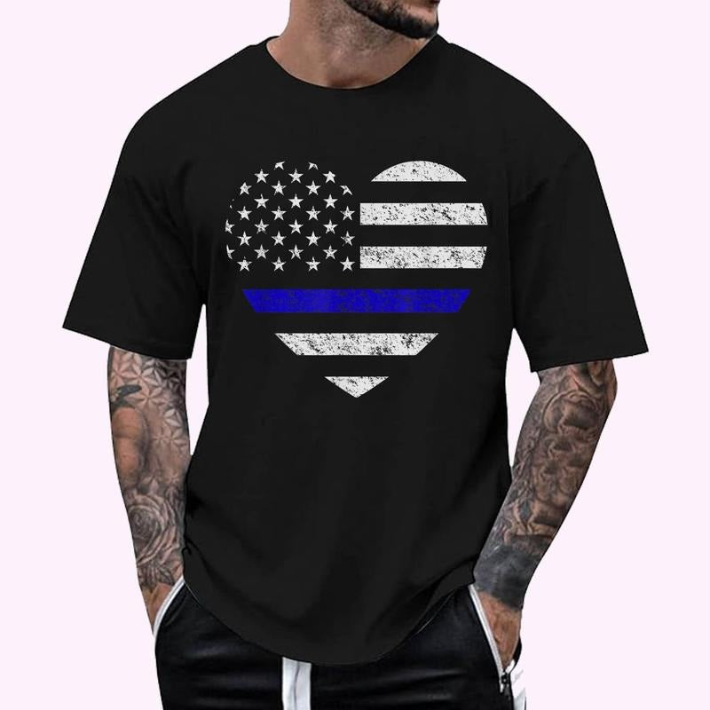 Thin Blue Line American Flag Heart Police T-Shirt