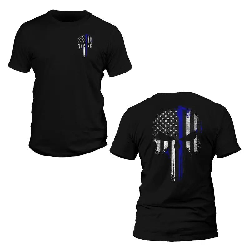 Thin Blue Line Flag Skull Police Front & Back Print T-Shirt Hoodie, Sweatshirt | HypeDripTees.com