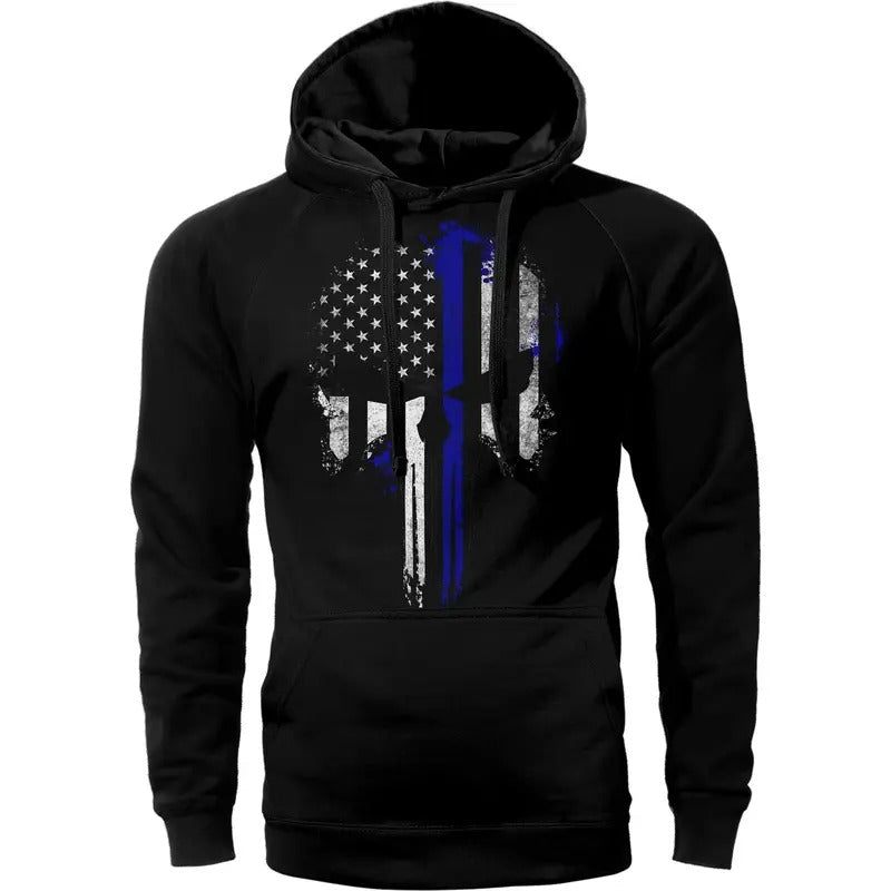 Thin Blue Line Flag Skull Police Hoodie Sweatshirt Cotton Fabric T-Shirts | HypeDripTees.com