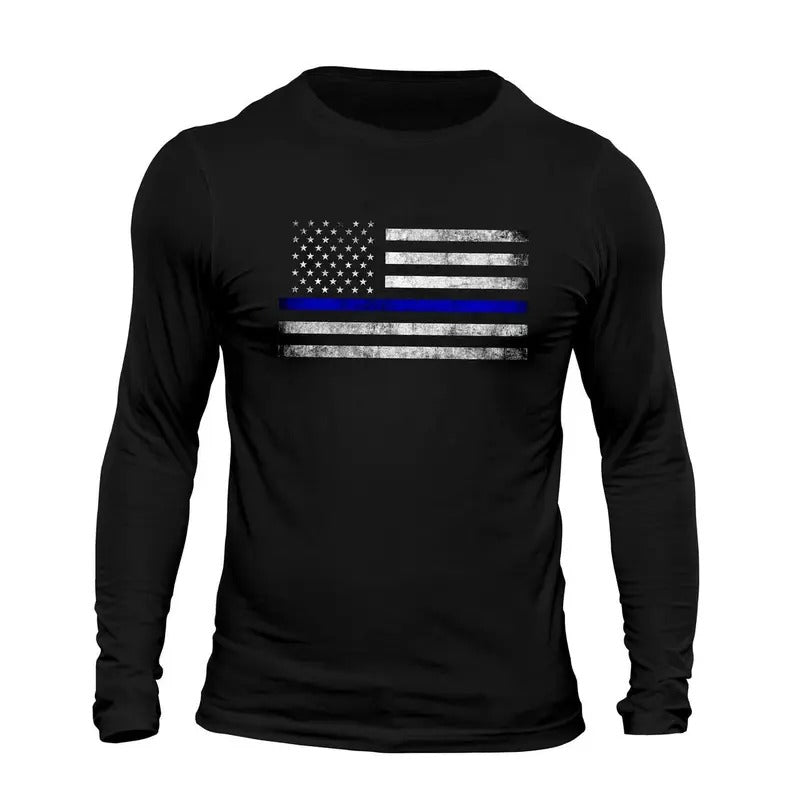 Thin Blue Line Flag USA Police Long Sleeve Men's T-Shirt Casual Classic Hoodie, Sweatshirt | HypeDripTees.com