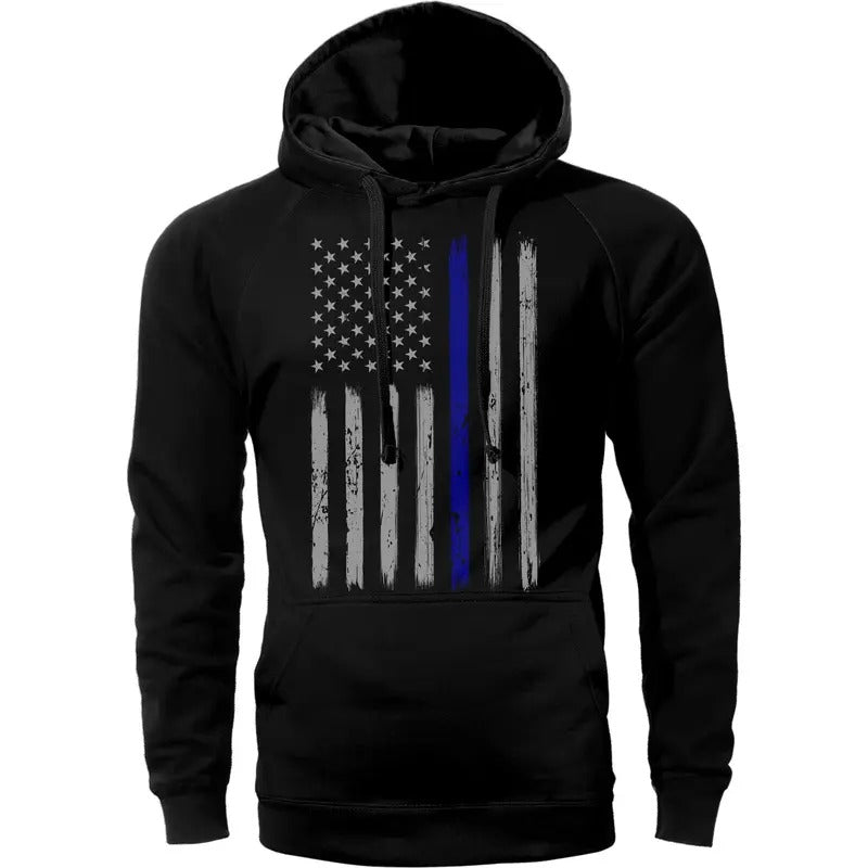 Thin Blue Line Vertical Brushed Flag Front Print Police Hoodie Sweatshirt Cotton Fabric T-Shirts | HypeDripTees.com