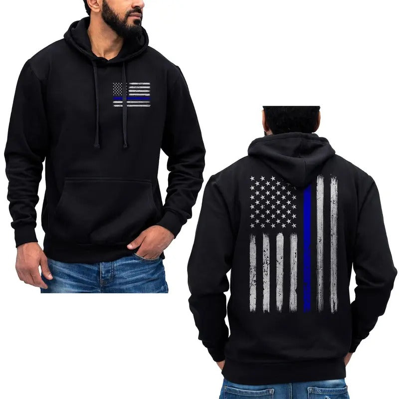 Thin Blue Line Vertical Brushed Flag Police Hoodie Sweatshirt Cotton Fabric T-Shirts | HypeDripTees.com