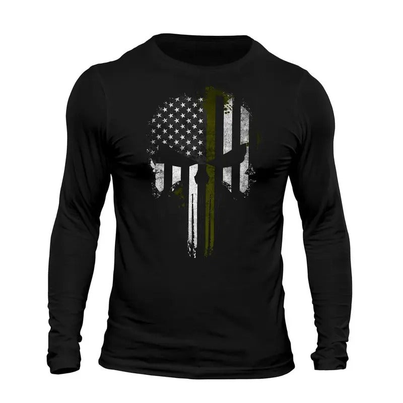 Thin Green Line Flag Skull Patriotic USA Army Men's Long Sleeve T-Shirt Casual Classic Hoodie, Sweatshirt | HypeDripTees.com